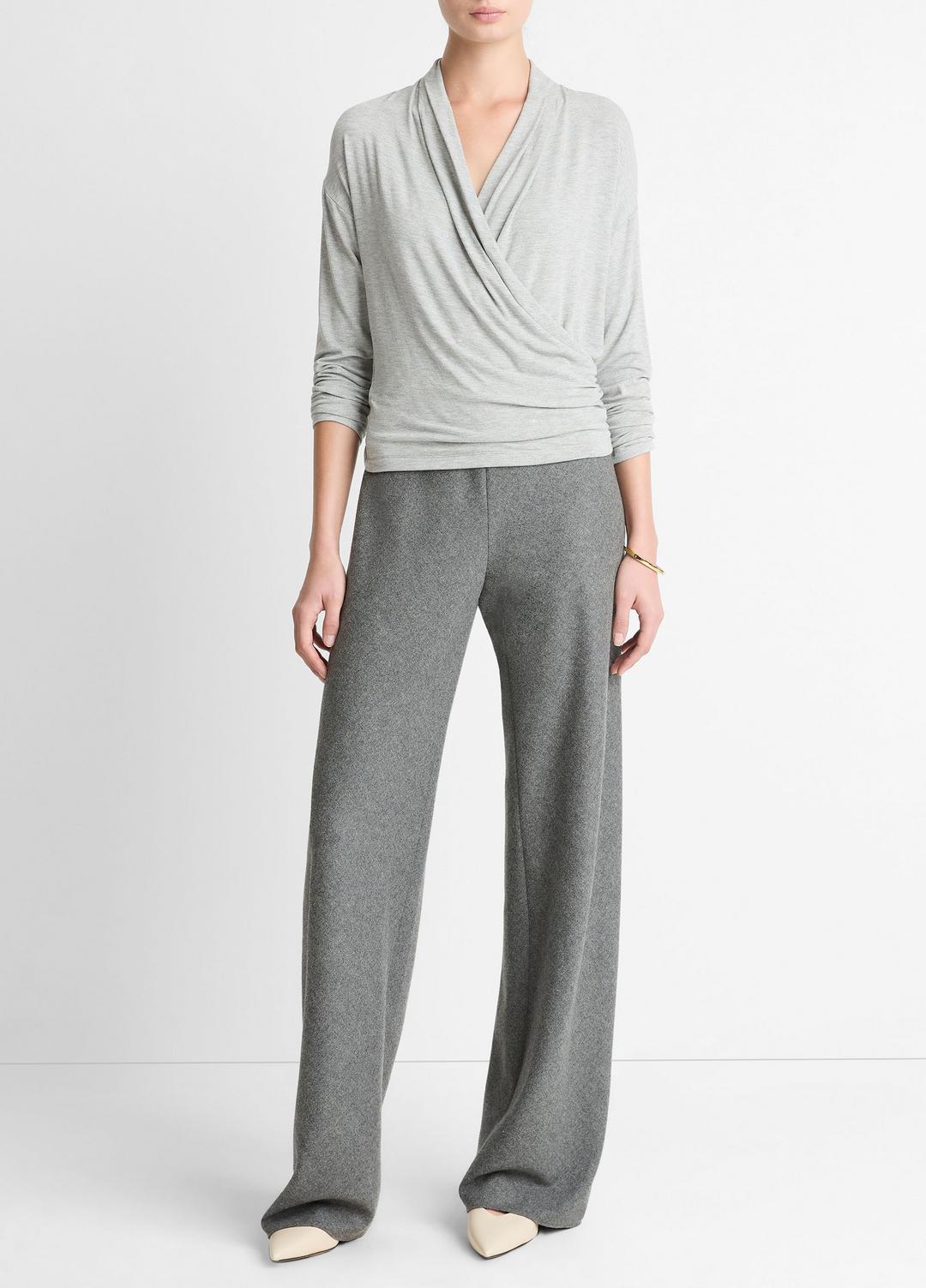 Relaxed Fixed-Wrap Jersey Top in Long Sleeve - HEATHER PALE GREY