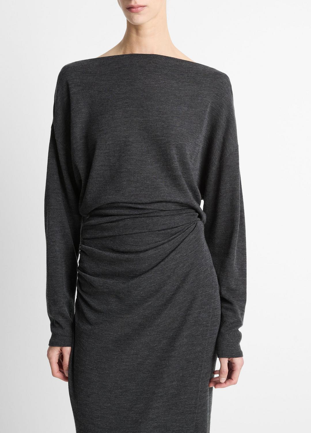 Draped Wool-Blend Slash-Neck Top in Long Sleeve - DARK HEATHER GREY