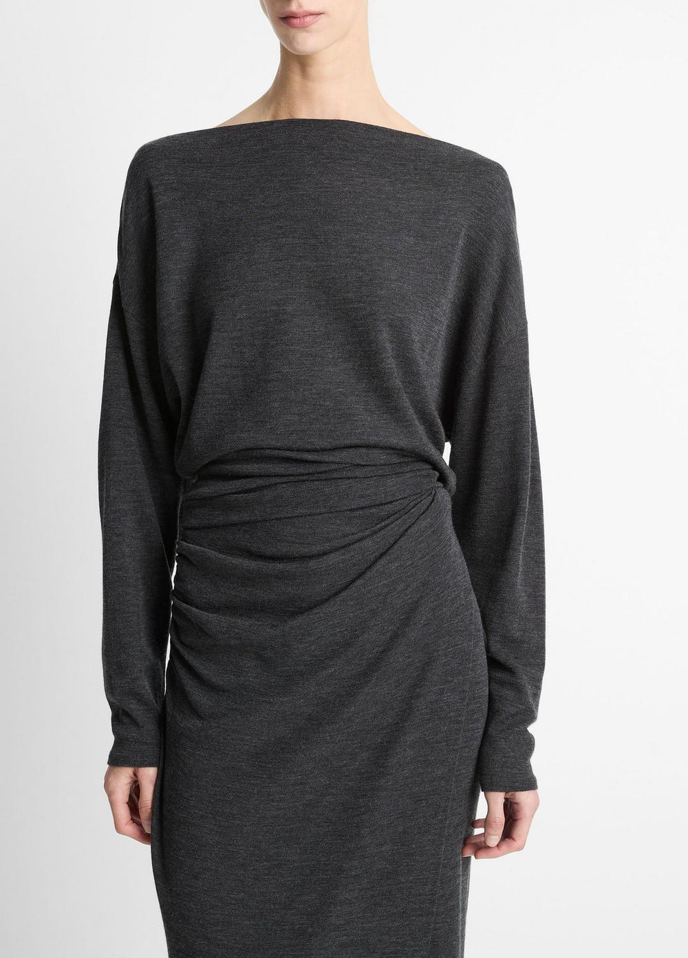 Draped Wool-Blend Slash-Neck Top in Long Sleeve - DARK HEATHER GREY