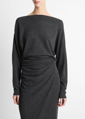 Draped Wool-Blend Slash-Neck Top in Long Sleeve - DARK HEATHER GREY