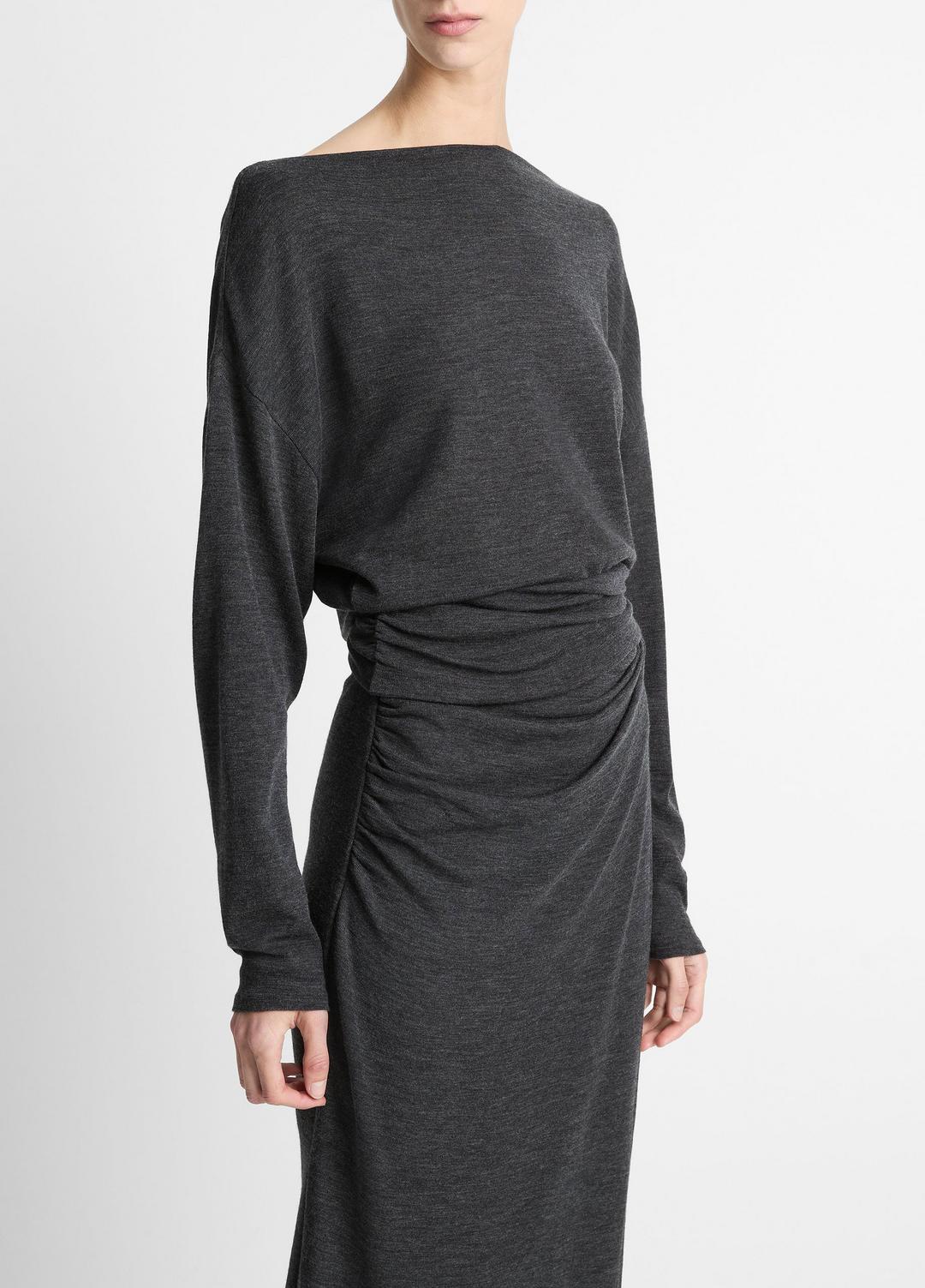 Draped Wool-Blend Slash-Neck Top in Long Sleeve - DARK HEATHER GREY