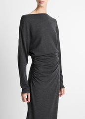 Draped Wool-Blend Slash-Neck Top in Long Sleeve - DARK HEATHER GREY
