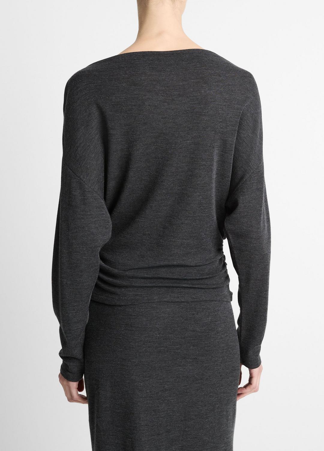 Draped Wool-Blend Slash-Neck Top in Long Sleeve - DARK HEATHER GREY