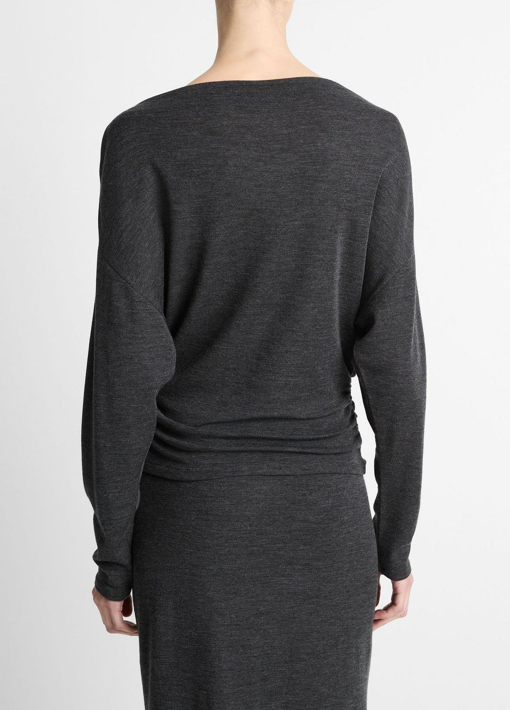 Draped Wool-Blend Slash-Neck Top in Long Sleeve - DARK HEATHER GREY