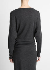 Draped Wool-Blend Slash-Neck Top in Long Sleeve - DARK HEATHER GREY