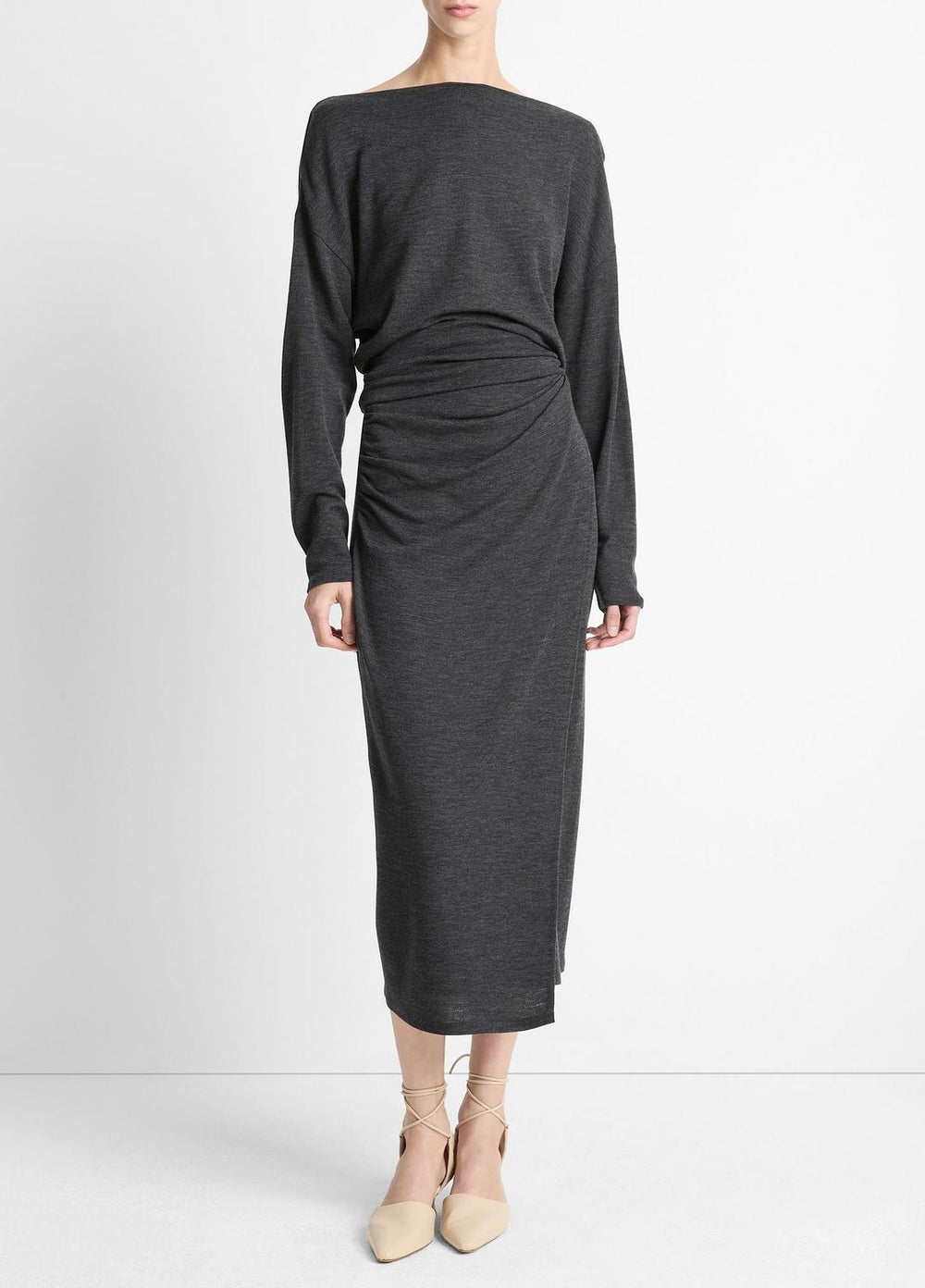 Draped Wool-Blend Slash-Neck Top in Long Sleeve - DARK HEATHER GREY