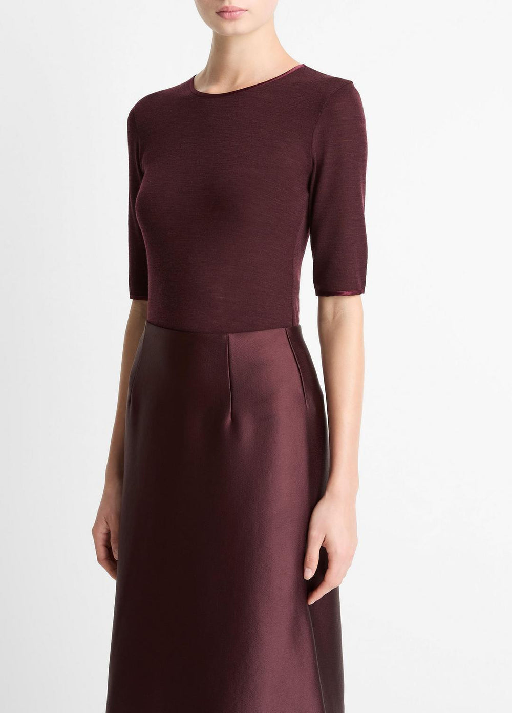 Satin-Trim Wool Elbow-Sleeve T-Shirt in Short Sleeve - OXBLOOD