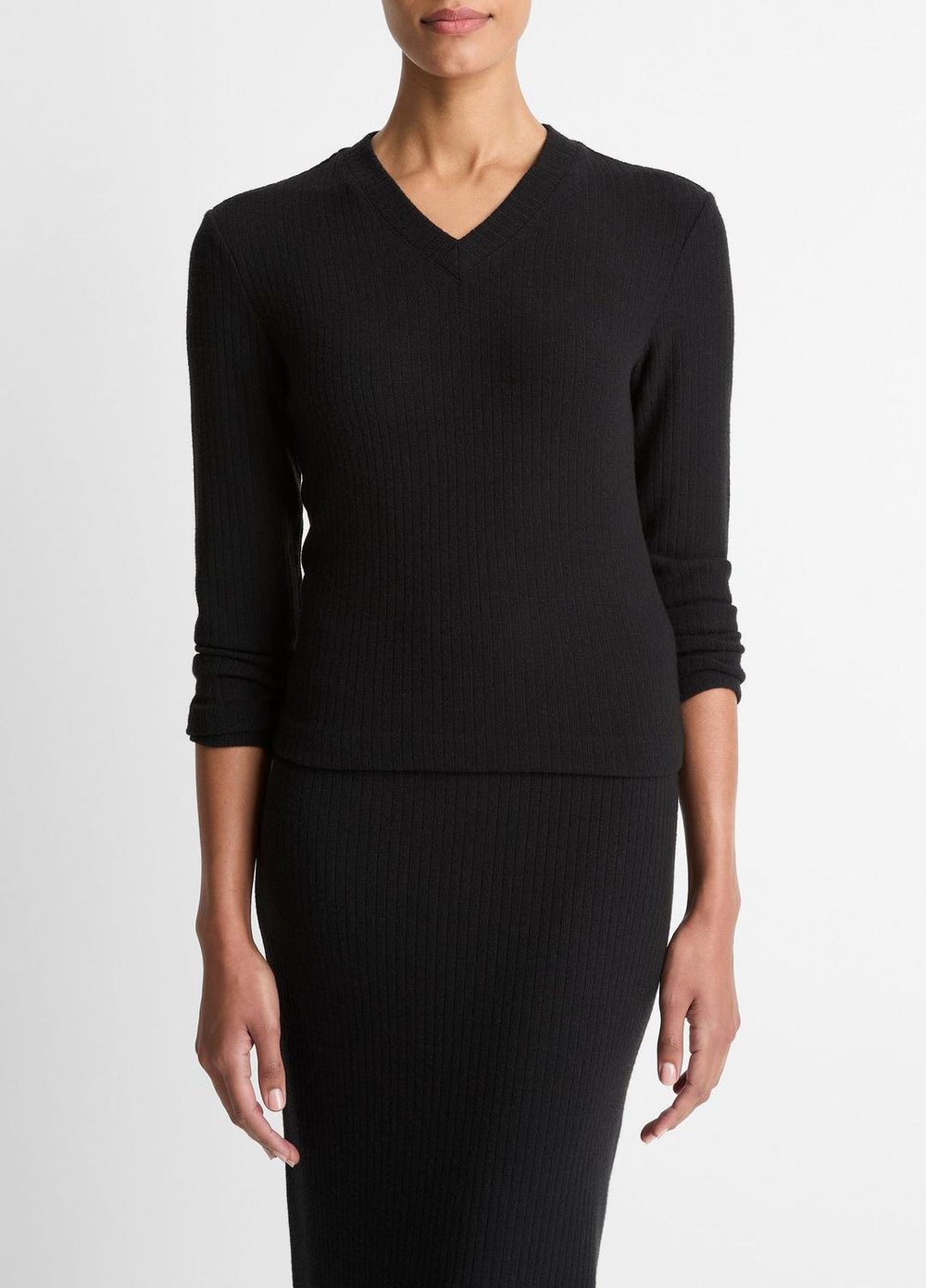 Cozy Rib High V-Neck Top in Long Sleeve - BLACK