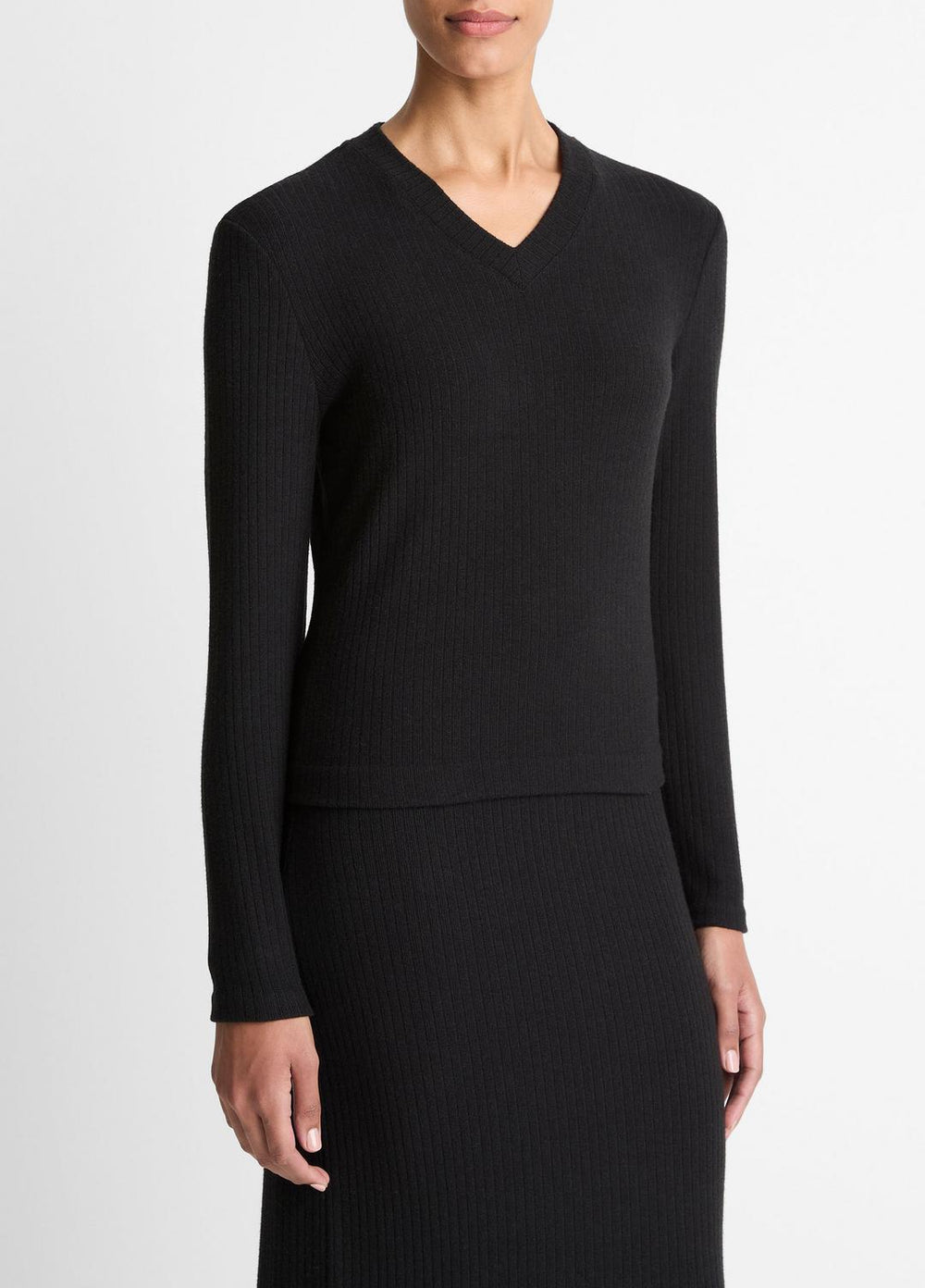 Cozy Rib High V-Neck Top in Long Sleeve - BLACK