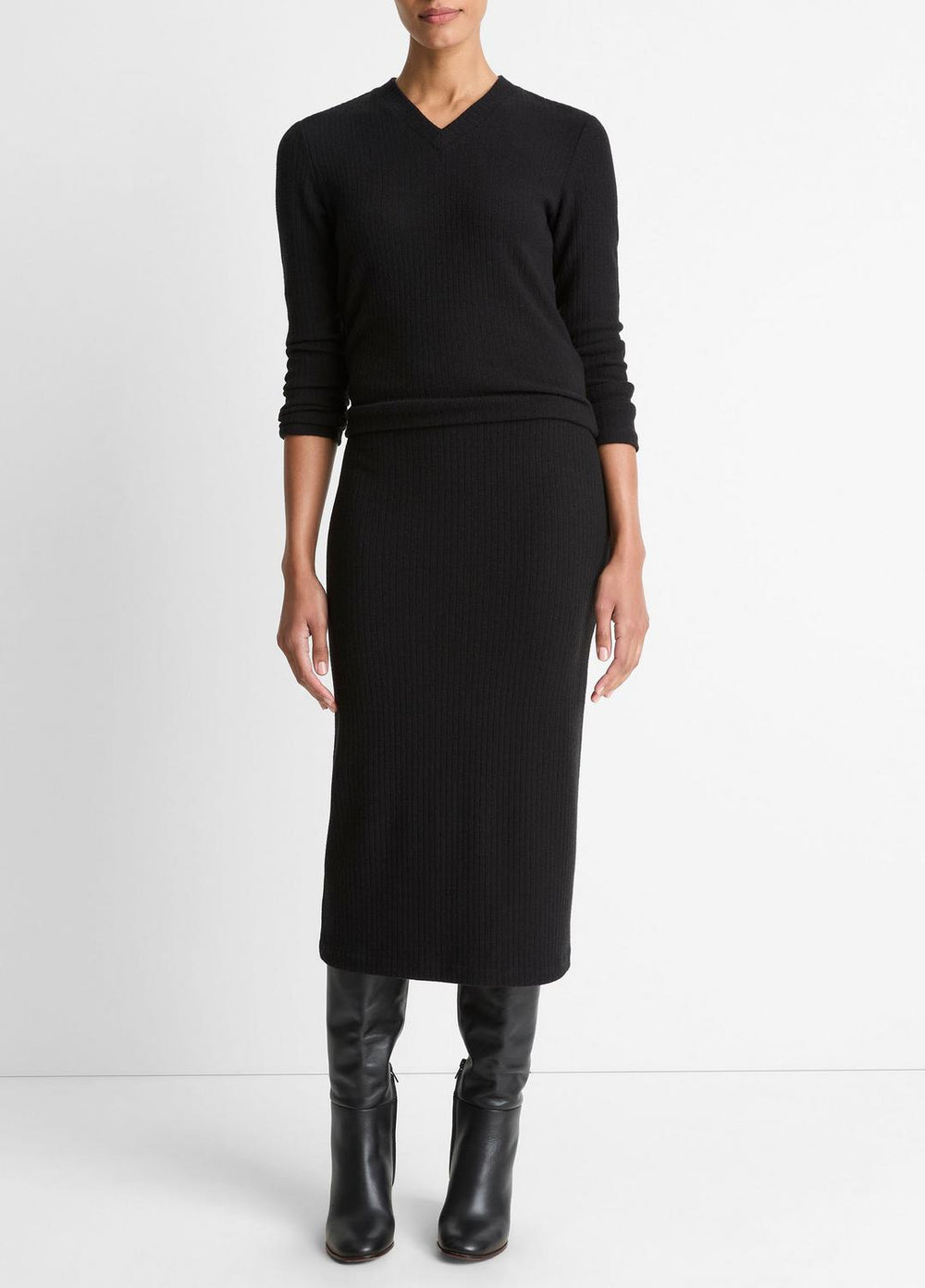 Cozy Rib High V-Neck Top in Long Sleeve - BLACK