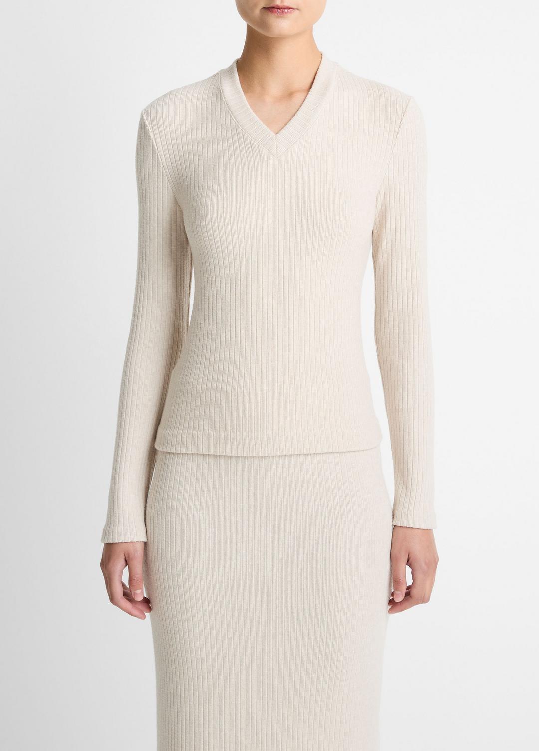 Cozy Rib High V-Neck Top in Long Sleeve - HEATHER CREAM OAT