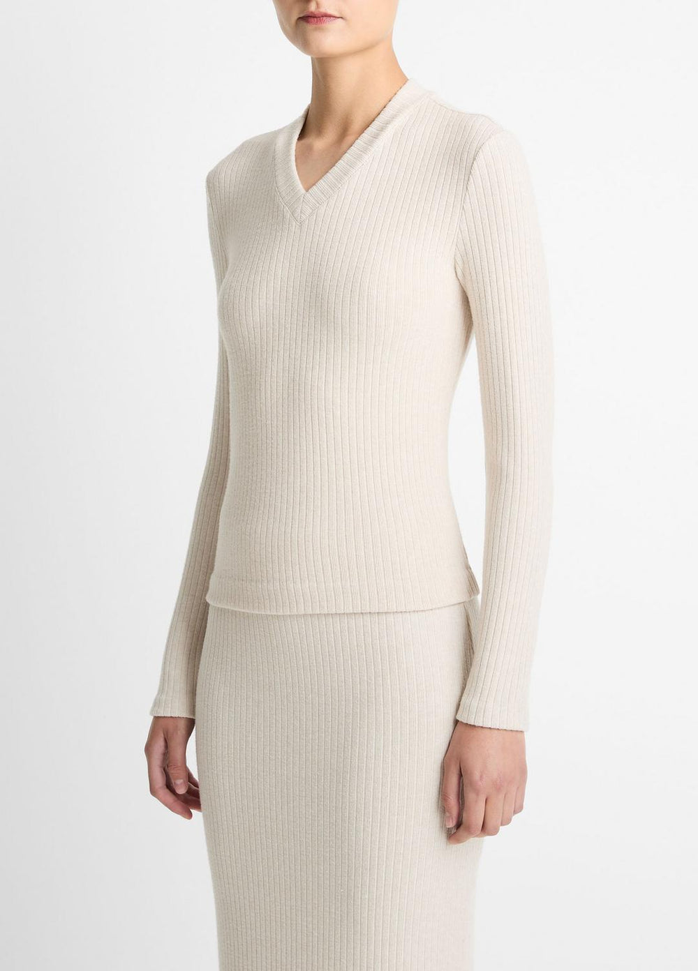 Cozy Rib High V-Neck Top in Long Sleeve - HEATHER CREAM OAT
