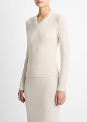 Cozy Rib High V-Neck Top in Long Sleeve - HEATHER CREAM OAT