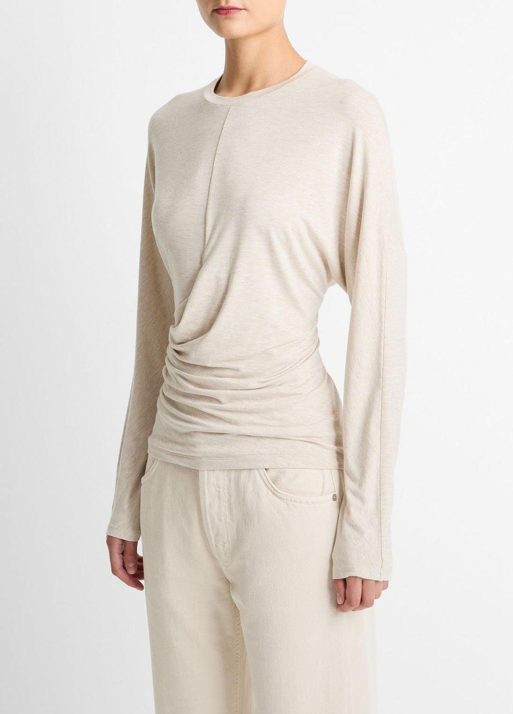 Fixed-Drape Long-Sleeve T-Shirt in Long Sleeve - HEATHER CREAM OAT