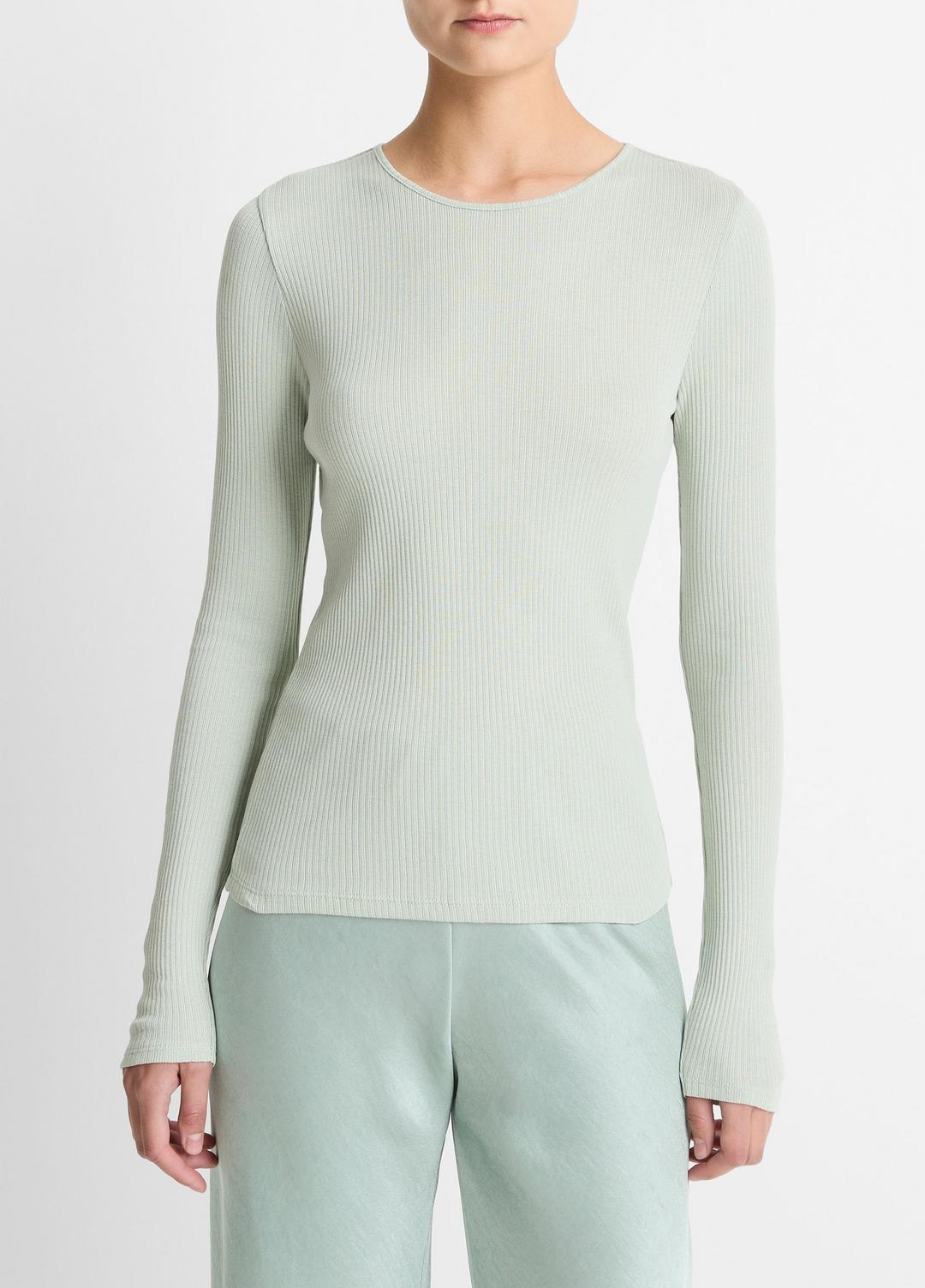 Ribbed Pima Cotton Long-Sleeve T-Shirt in Long Sleeve - LIGHT ALOE STONE