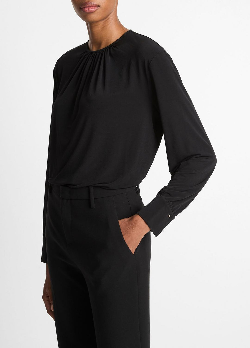 Matte Jersey Gathered Blouse in Long Sleeve - BLACK