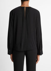 Matte Jersey Gathered Blouse in Long Sleeve - BLACK