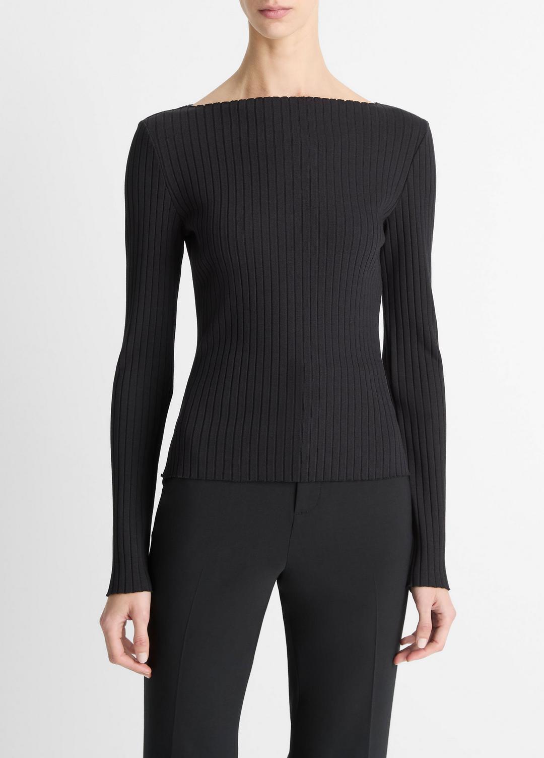Ribbed Cotton-Blend Slash-Neck Long-Sleeve Top in Long Sleeve - BLACK