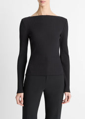Ribbed Cotton-Blend Slash-Neck Long-Sleeve Top in Long Sleeve - BLACK