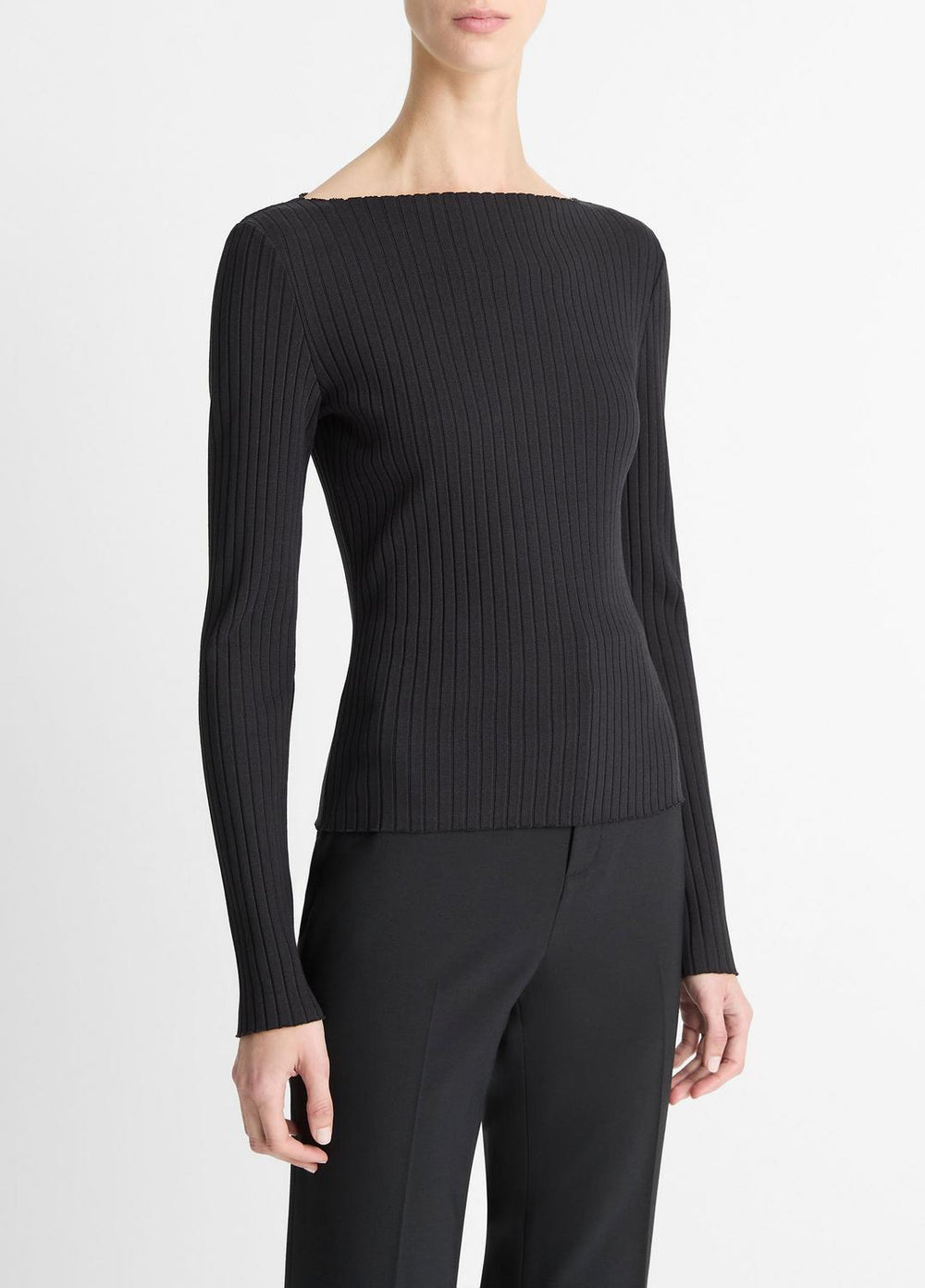 Ribbed Cotton-Blend Slash-Neck Long-Sleeve Top in Long Sleeve - BLACK