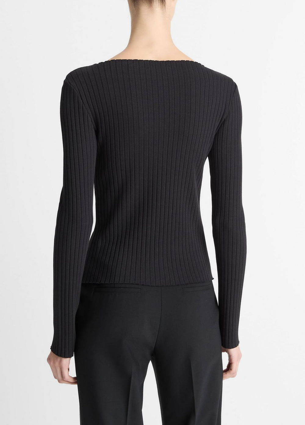 Ribbed Cotton-Blend Slash-Neck Long-Sleeve Top in Long Sleeve - BLACK