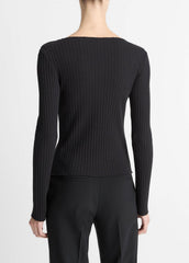 Ribbed Cotton-Blend Slash-Neck Long-Sleeve Top in Long Sleeve - BLACK