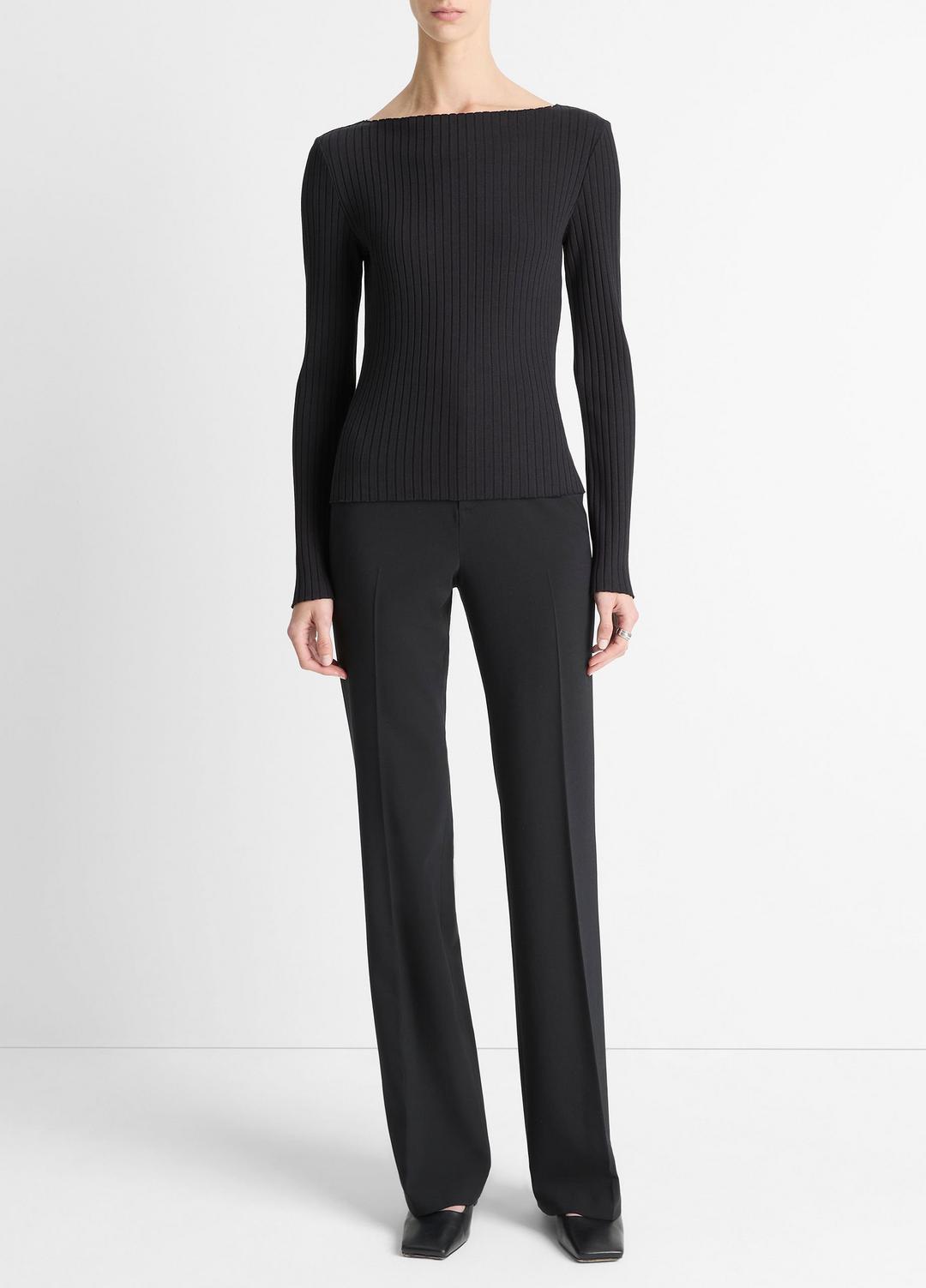 Ribbed Cotton-Blend Slash-Neck Long-Sleeve Top in Long Sleeve - BLACK