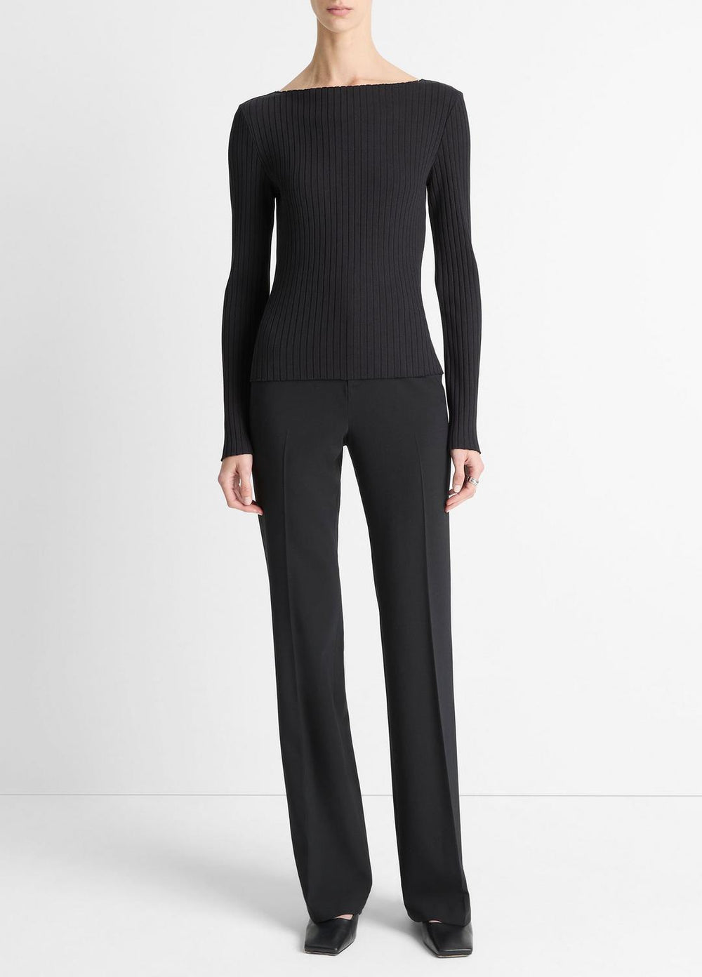 Ribbed Cotton-Blend Slash-Neck Long-Sleeve Top in Long Sleeve - BLACK