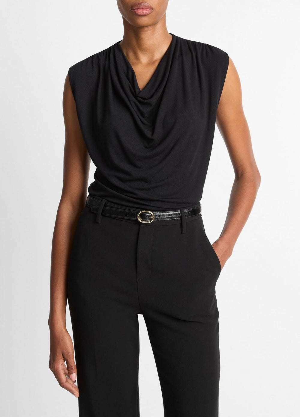 Jersey Draped Cowl-Neck Top in Tank Tops - BLACK