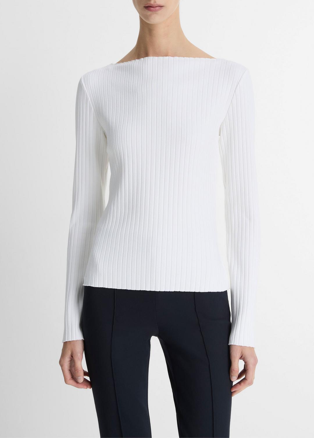 Ribbed Cotton-Blend Slash-Neck Long-Sleeve Top in Long Sleeve - OFF WHITE