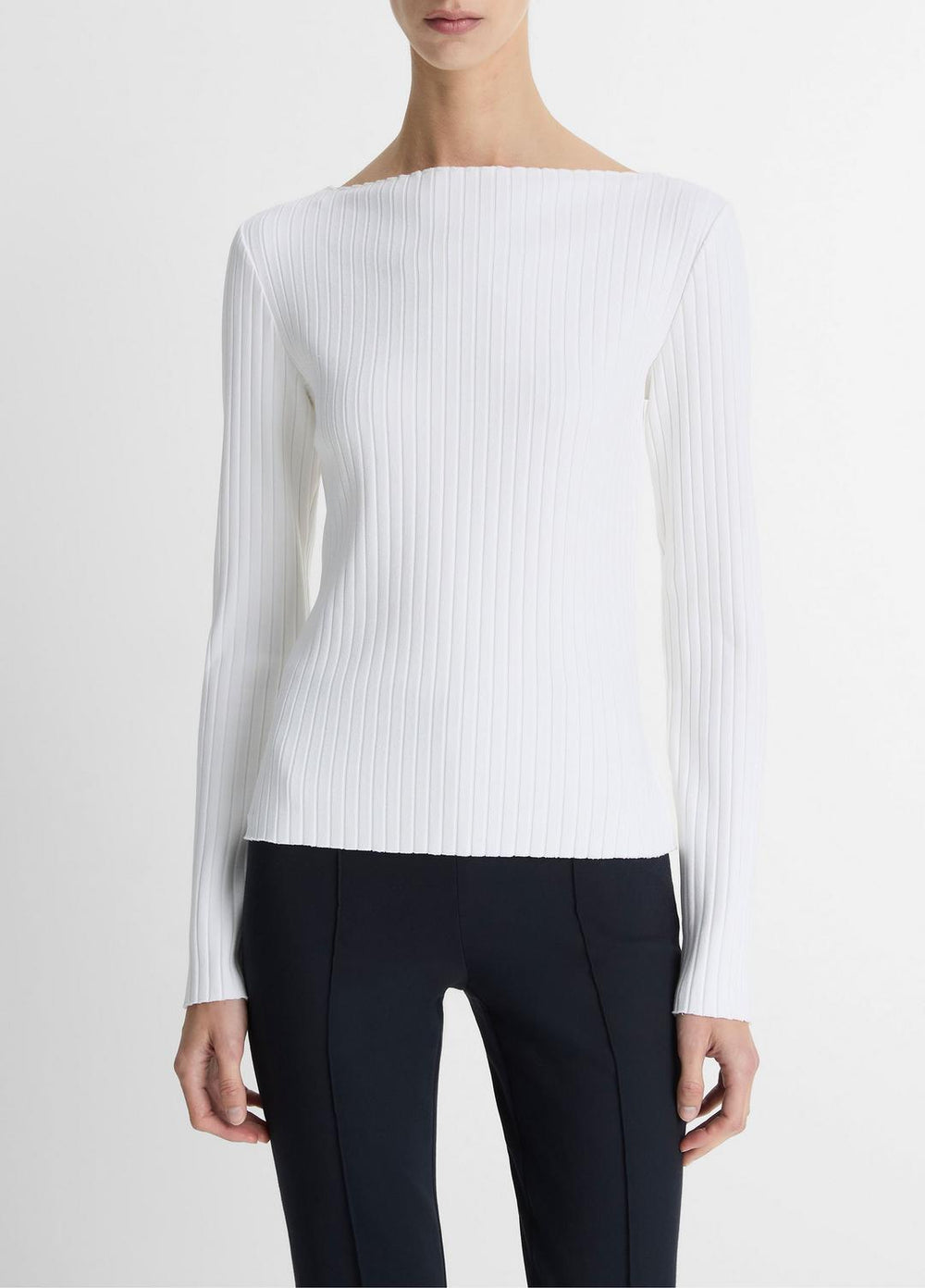 Ribbed Cotton-Blend Slash-Neck Long-Sleeve Top in Long Sleeve - OFF WHITE