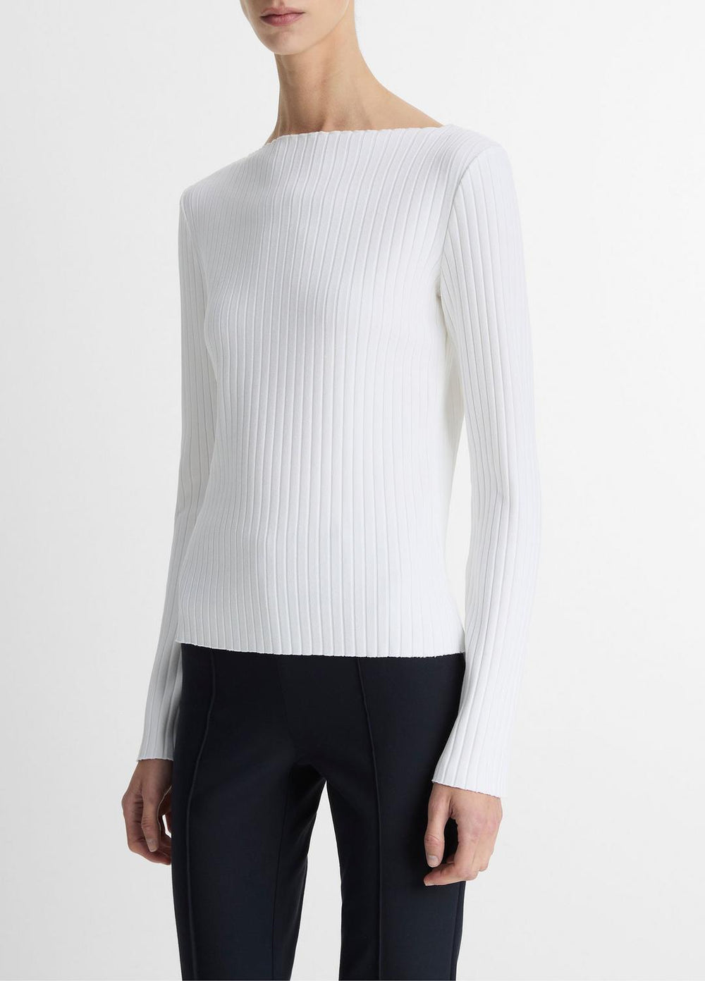 Ribbed Cotton-Blend Slash-Neck Long-Sleeve Top in Long Sleeve - OFF WHITE