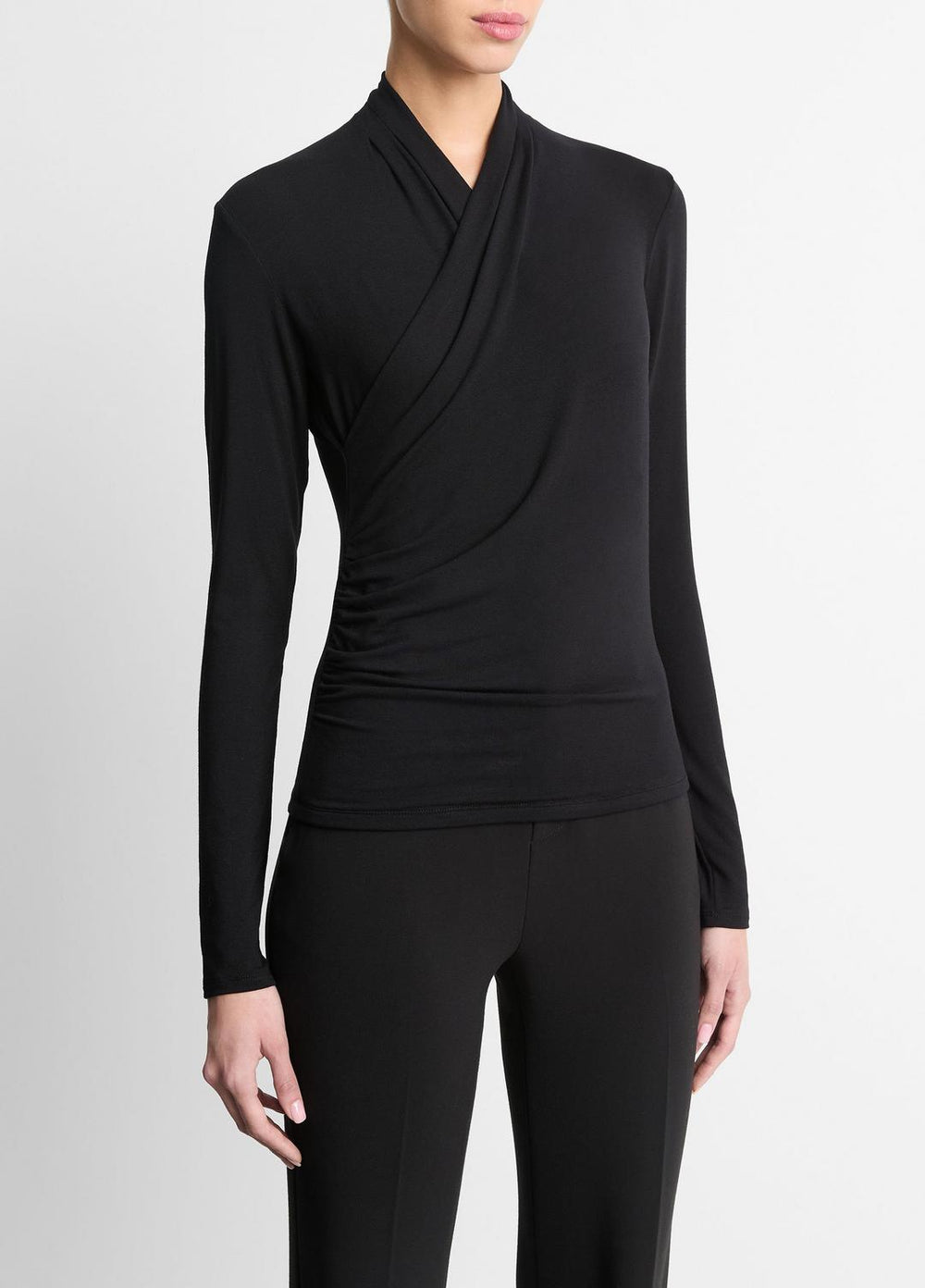 Fixed Wrap Long-Sleeve Top in Long Sleeve - BLACK