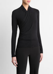 Fixed Wrap Long-Sleeve Top in Long Sleeve - BLACK