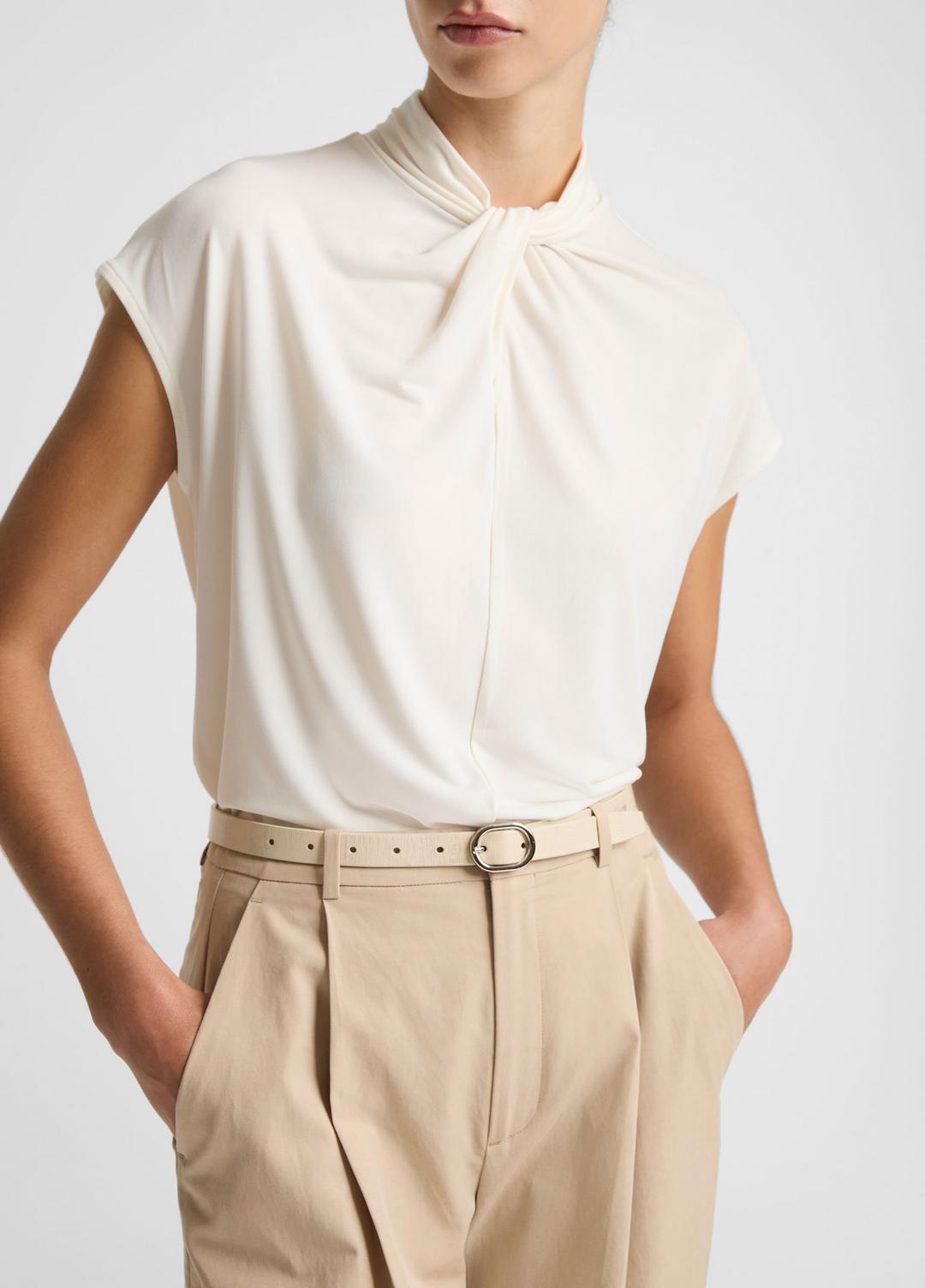 Twist-Neck Matte Jersey Cap-Sleeve Top  in Short Sleeve - BONE