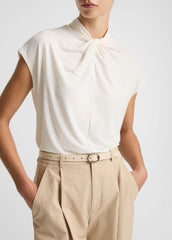 Twist-Neck Matte Jersey Cap-Sleeve Top  in Short Sleeve - BONE