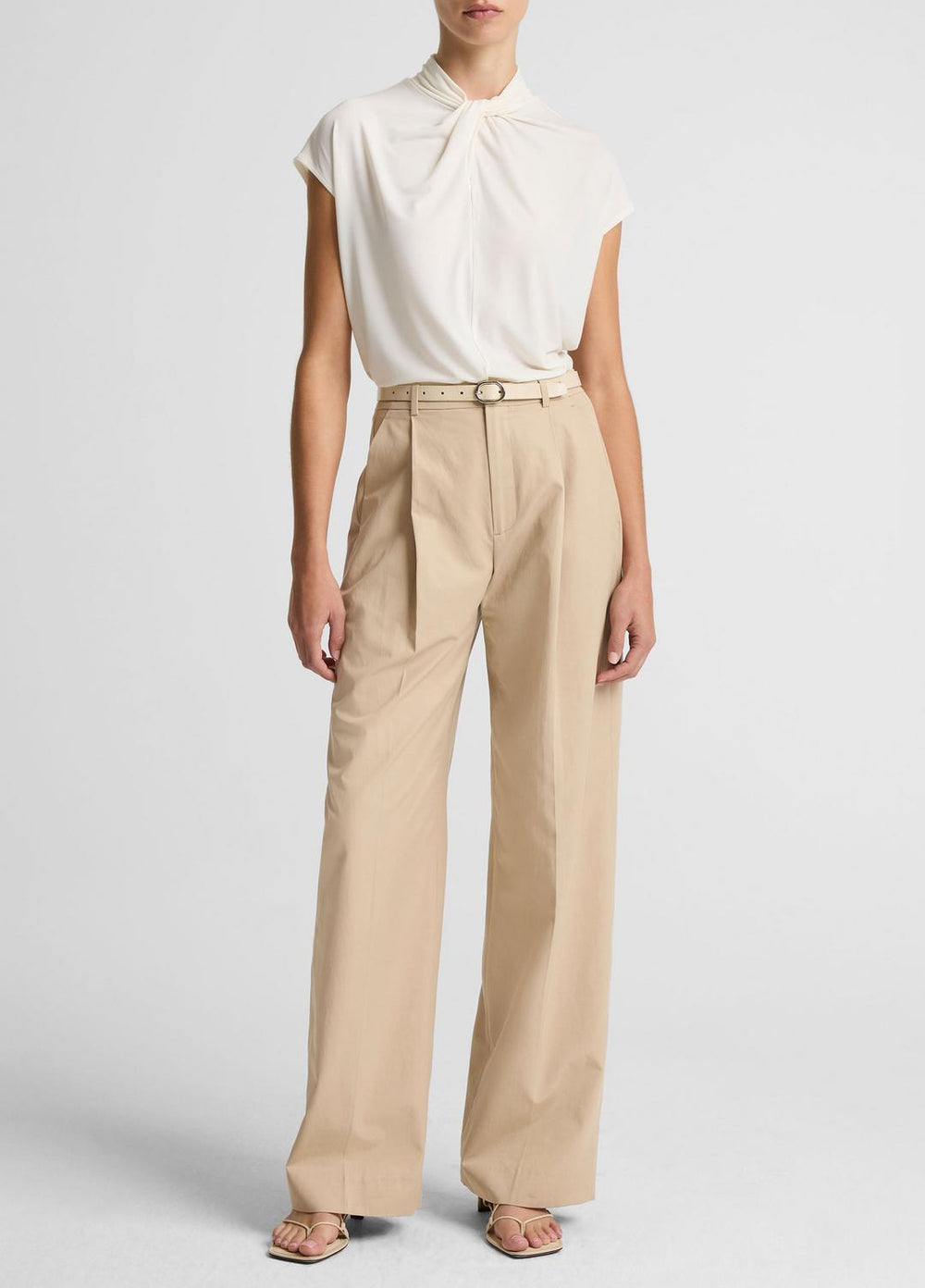 Twist-Neck Matte Jersey Cap-Sleeve Top  in Short Sleeve - BONE