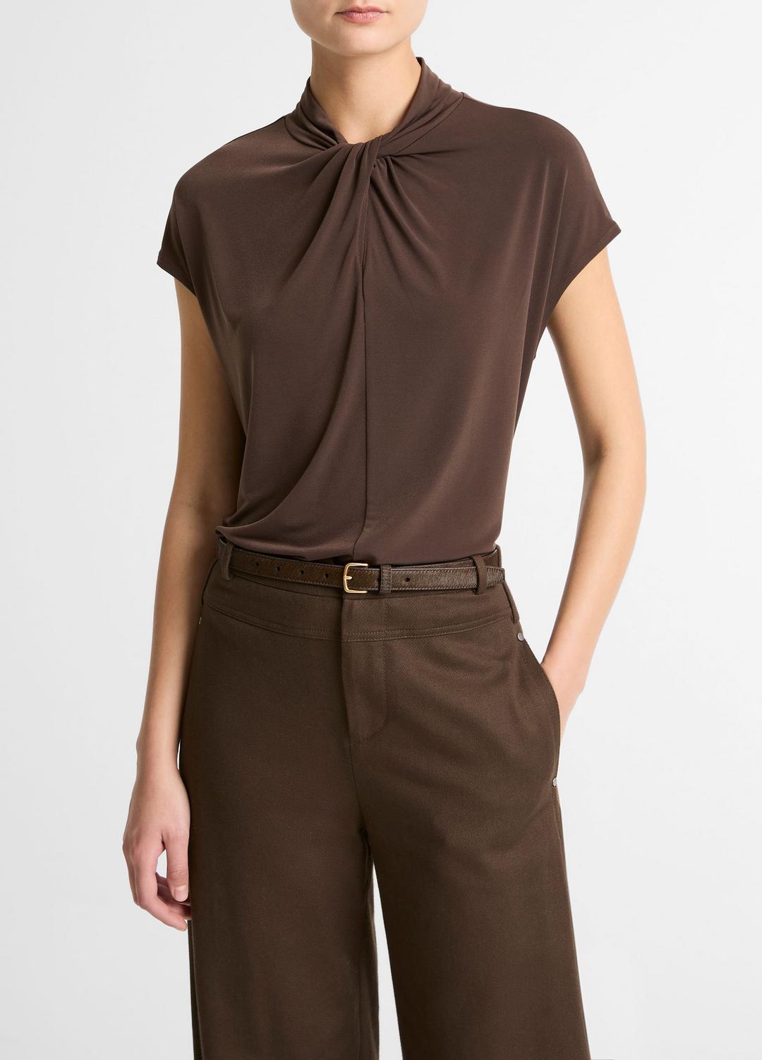 Twist-Neck Matte Jersey Cap-Sleeve Top  in Short Sleeve - DARK BARK