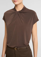 Twist-Neck Matte Jersey Cap-Sleeve Top  in Short Sleeve - DARK BARK
