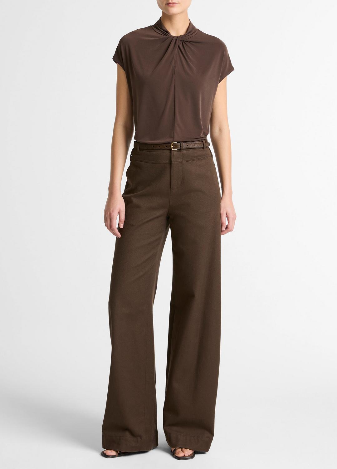 Twist-Neck Matte Jersey Cap-Sleeve Top  in Short Sleeve - DARK BARK