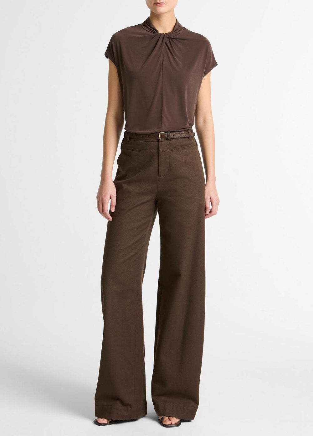 Twist-Neck Matte Jersey Cap-Sleeve Top  in Short Sleeve - DARK BARK