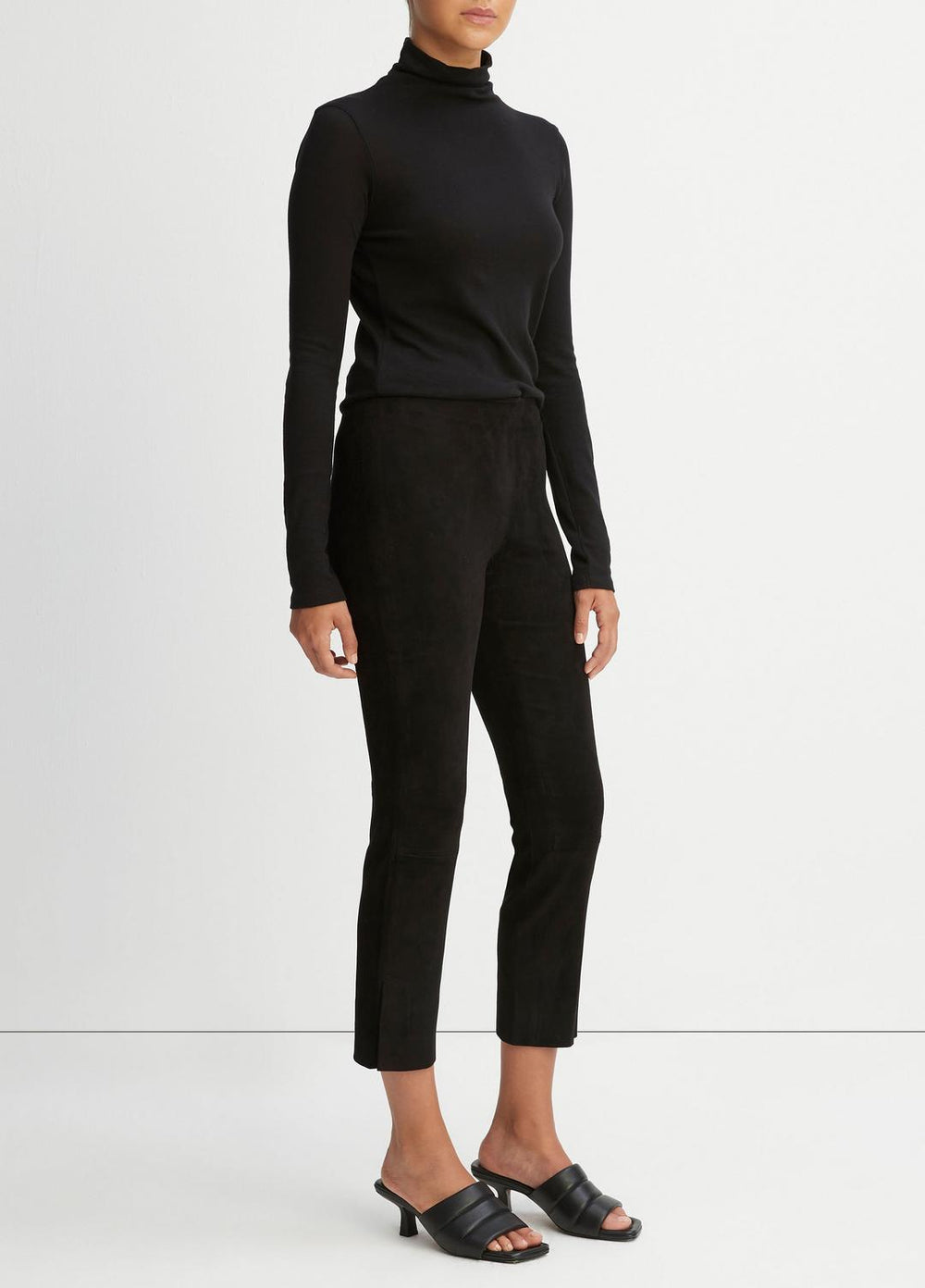 Stretch Suede Split Hem Crop Legging in Leggings - BLACK