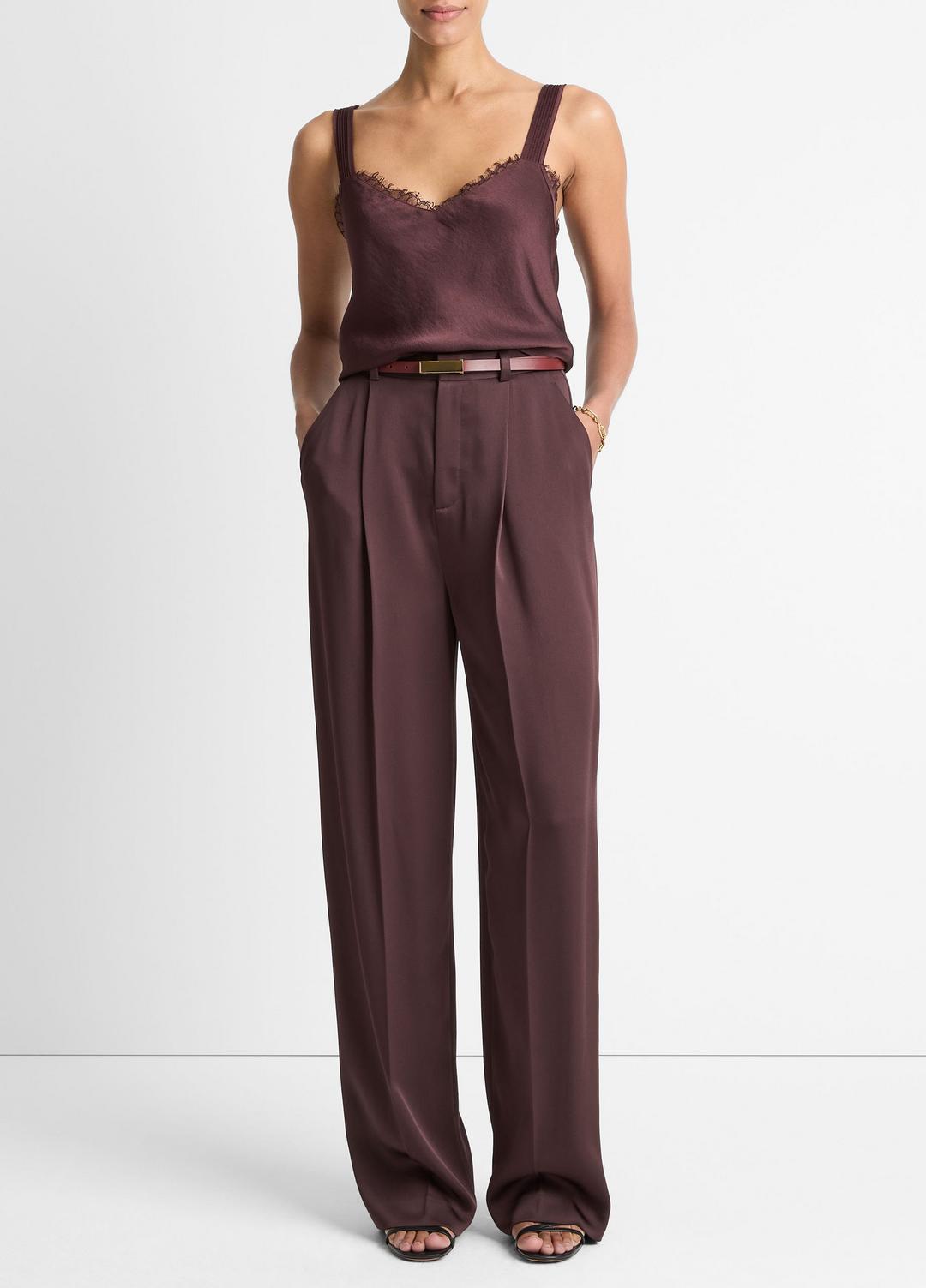Satin Pleated Wide-Leg Trouser in Trousers - DARK FIG