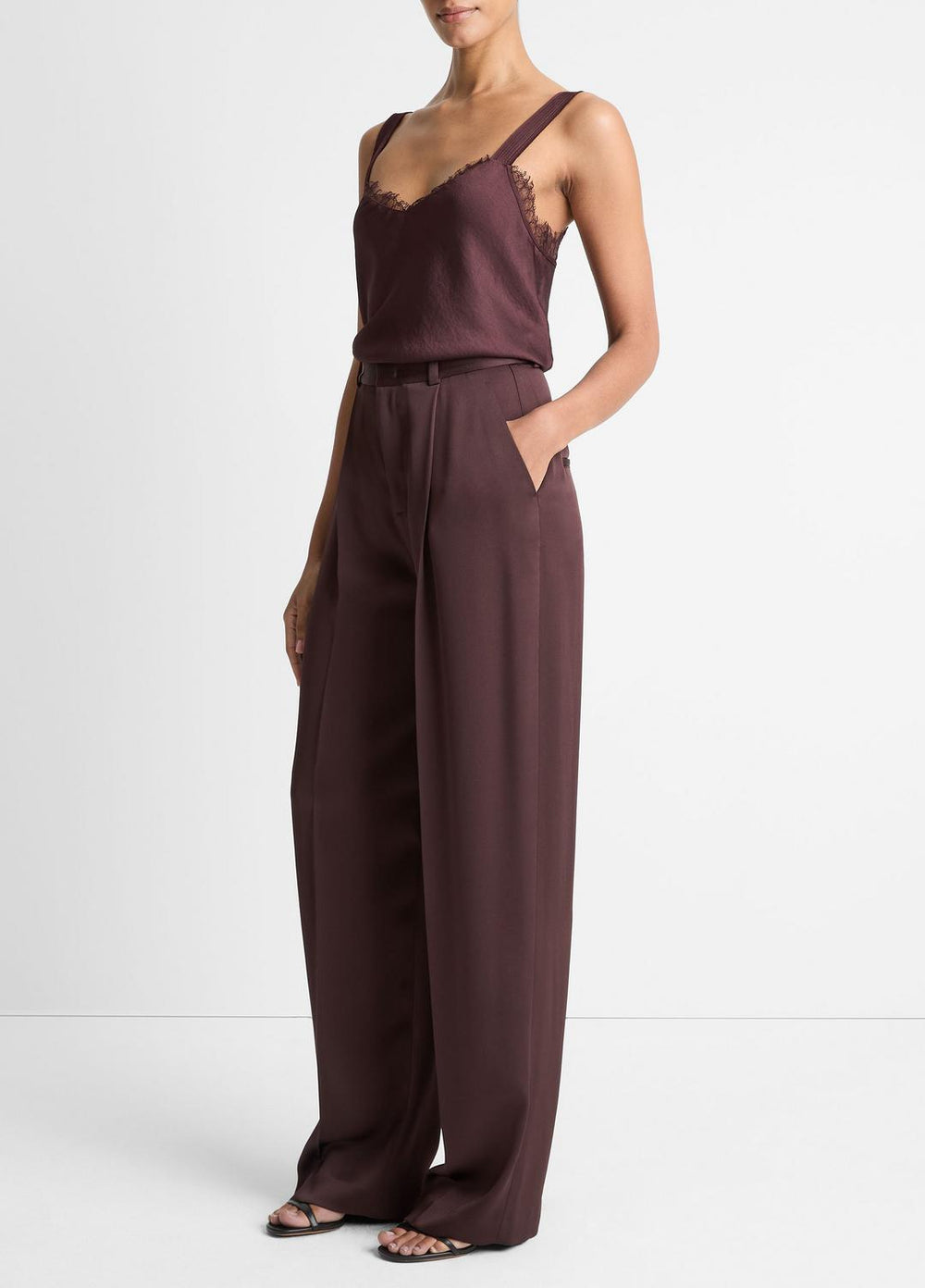 Satin Pleated Wide-Leg Trouser in Trousers - DARK FIG