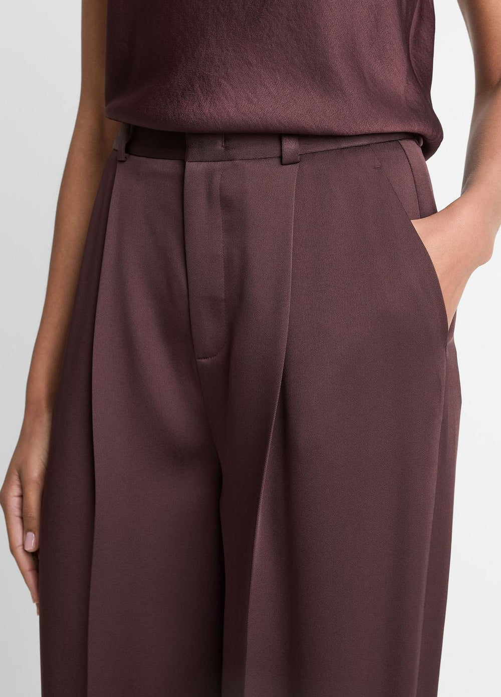 Satin Pleated Wide-Leg Trouser in Trousers - DARK FIG