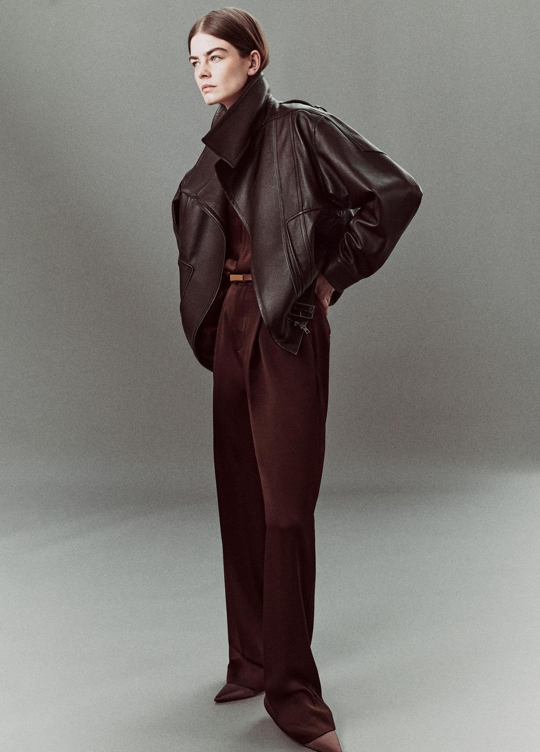 Satin Pleated Wide-Leg Trouser in Trousers - DARK FIG