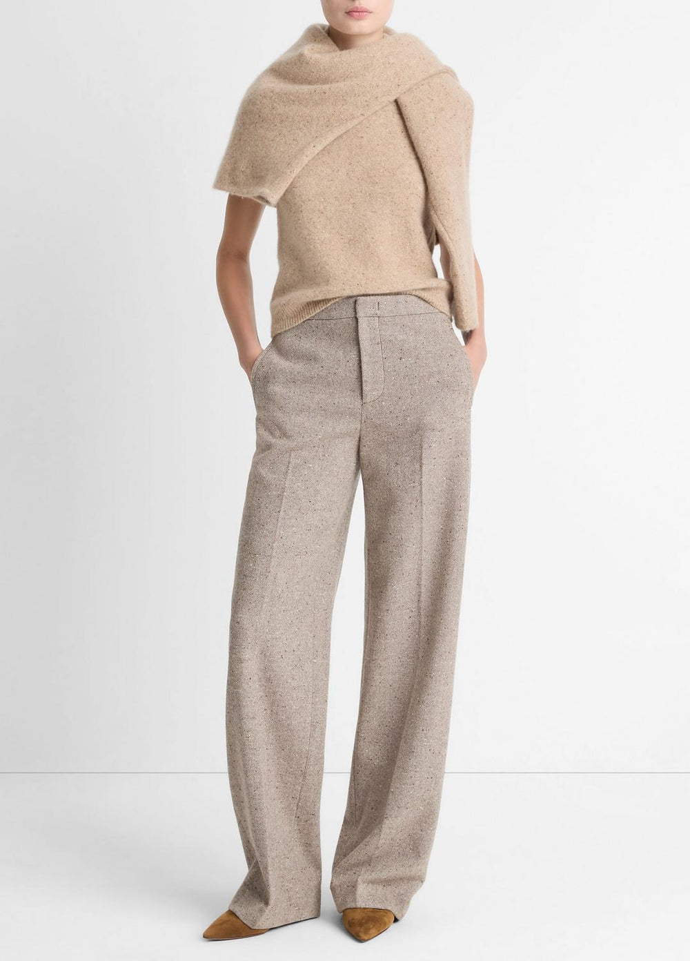 Donegal Wool-Blend Wide-Leg Trouser in Trousers - OAT STONE