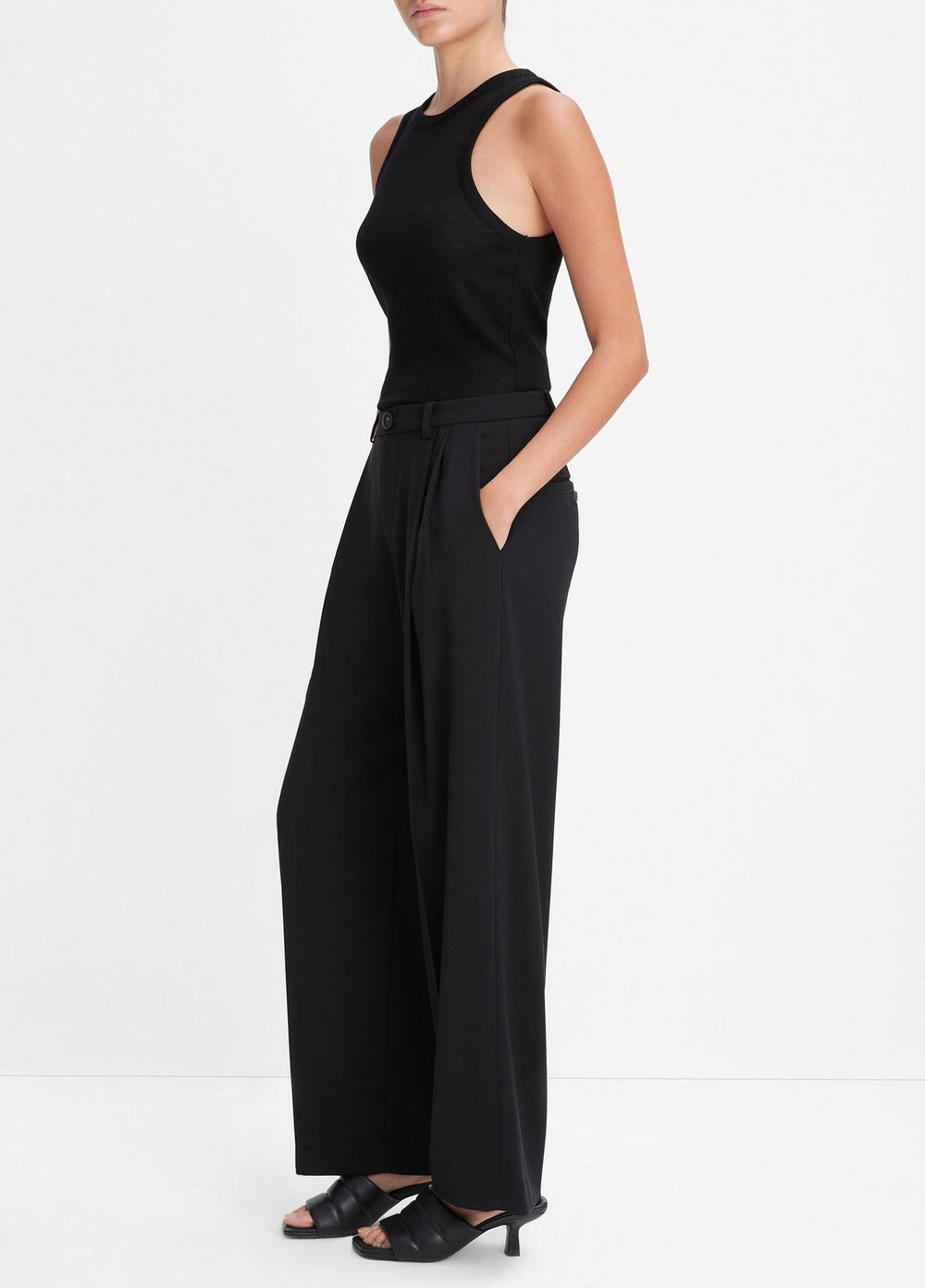 Drop-Waist Pleated Crepe Trouser in Trousers - BLACK