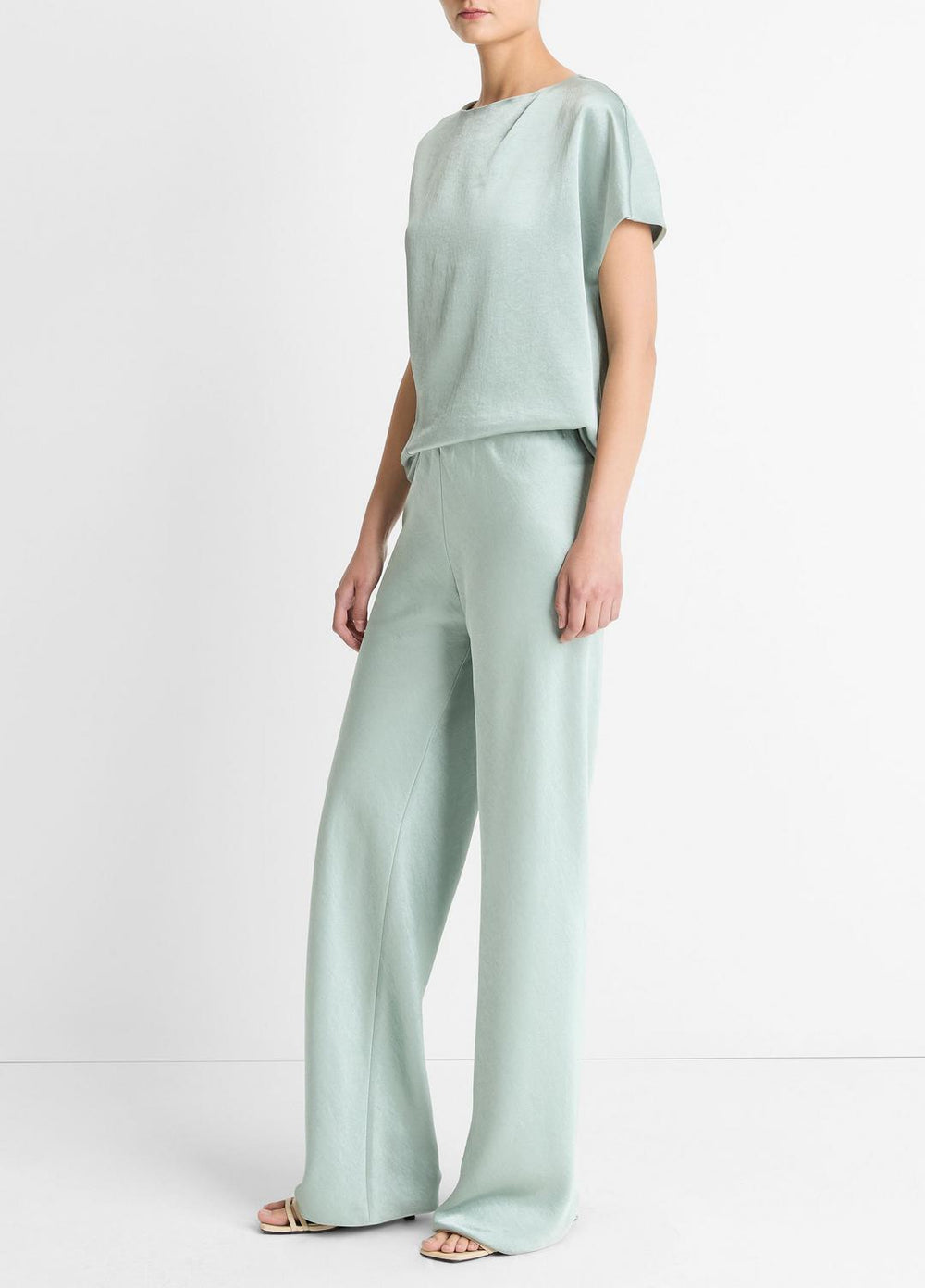 Colette High-Rise Fluid Satin Bias Pant in Trousers - ALOE STONE