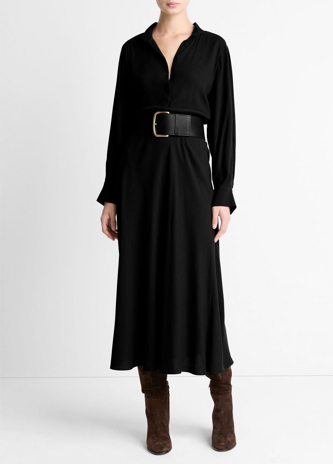 Crepe Collar-Stand Shirt Dress in Dresses - BLACK